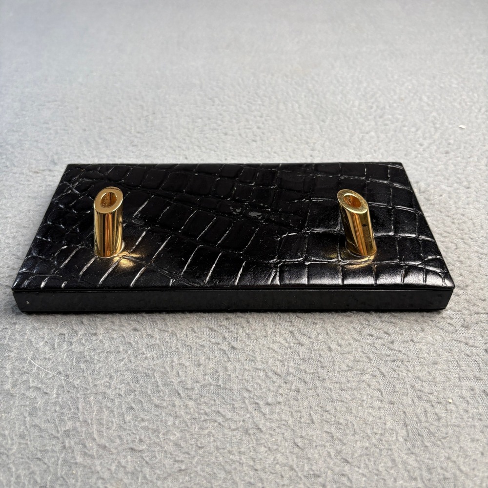 Majorca Vintage Black Croc Embossed Leather Double Pen Stand Desk Accessory
